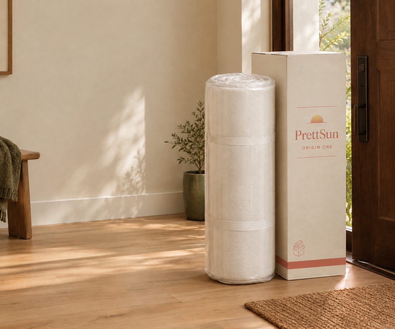 A PrettSun Origin One mattress in its wrap next to the branded shipping box