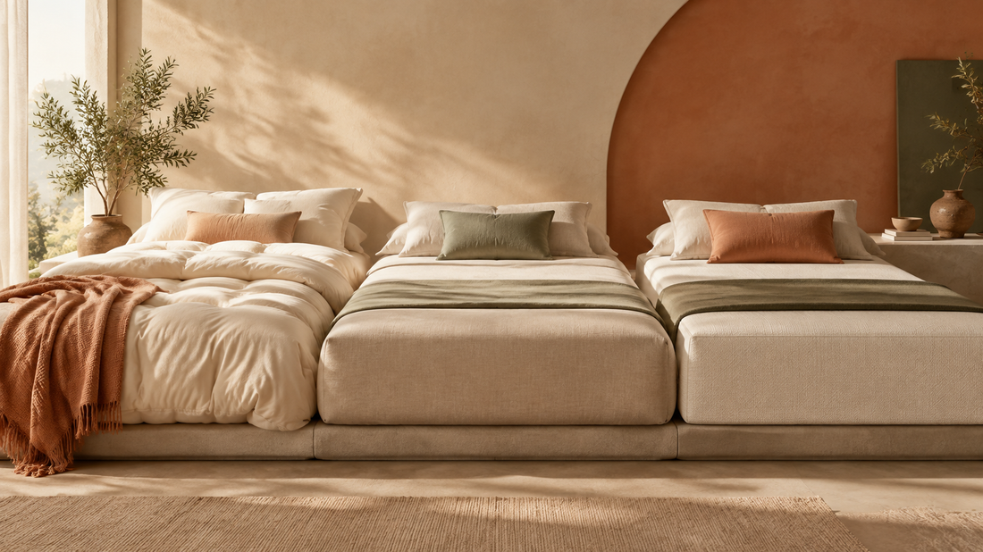 Three warm, earth-toned bed settings representing Plush, Medium and Firm mattress feels