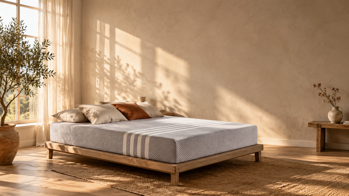 A sunlit bedroom with the PrettSun Origin One mattress